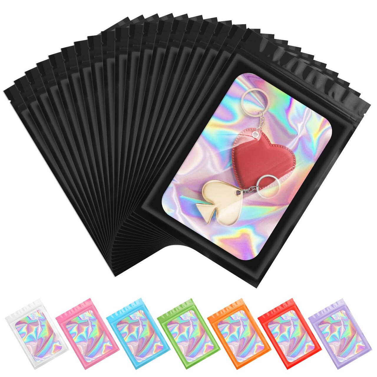 100 Pieces Smell Proof Mylar Bags, Holographic Packaging Bag, Resealable Odor Foil Pouch Zipper Bags with Clear Window for Food Storage and Lipgloss, Jewelry Lash (Black, 2.4 x 3.9 Inch)